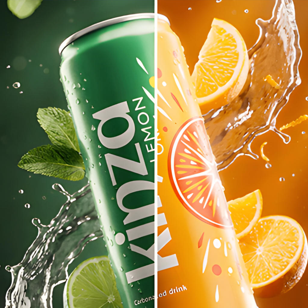 Kinza Lemon and Orange cans with mint, lime and orange slices splashing
