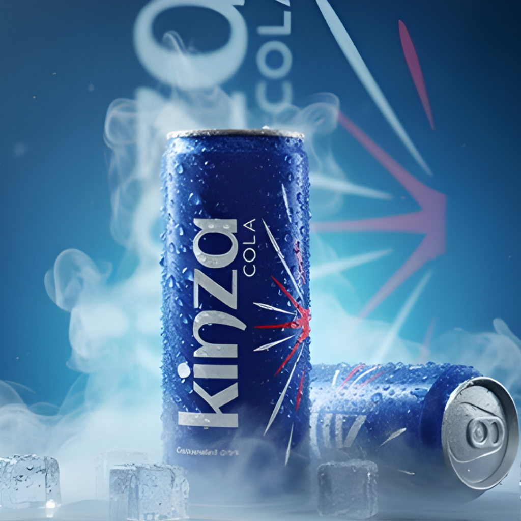 Kinza Cola cans in cold mist with ice cubes
