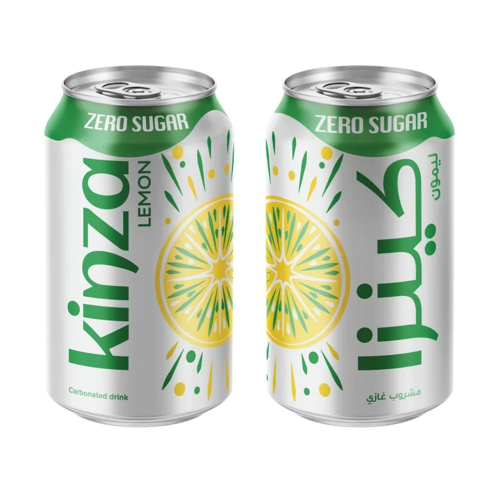 Kinza Lemon Zero Sugar can shown from two sides