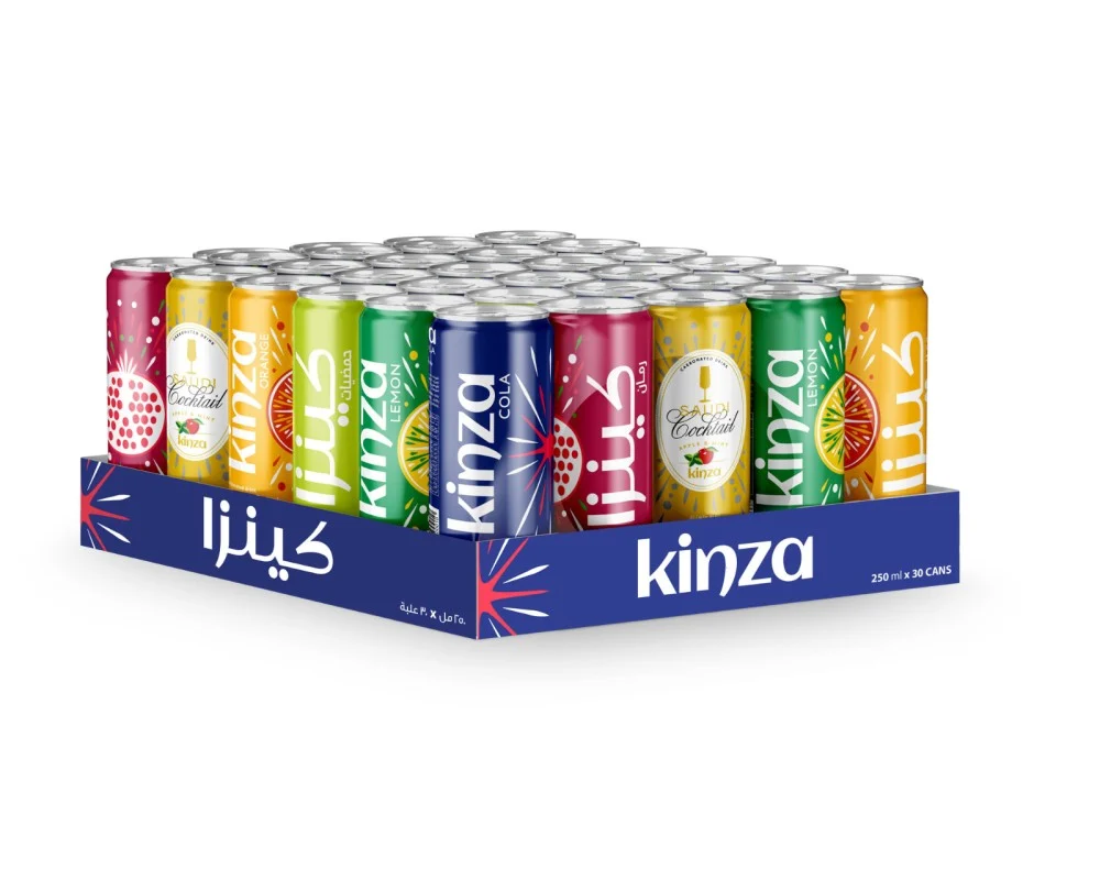 Kinza family pack tray of mixed-flavour cans, including cola, lemon and Saudi Cocktail