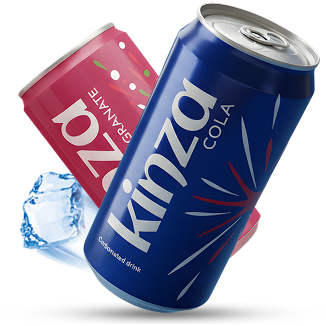 Kinza Cola and Pomegranate soft drink cans with ice cubes