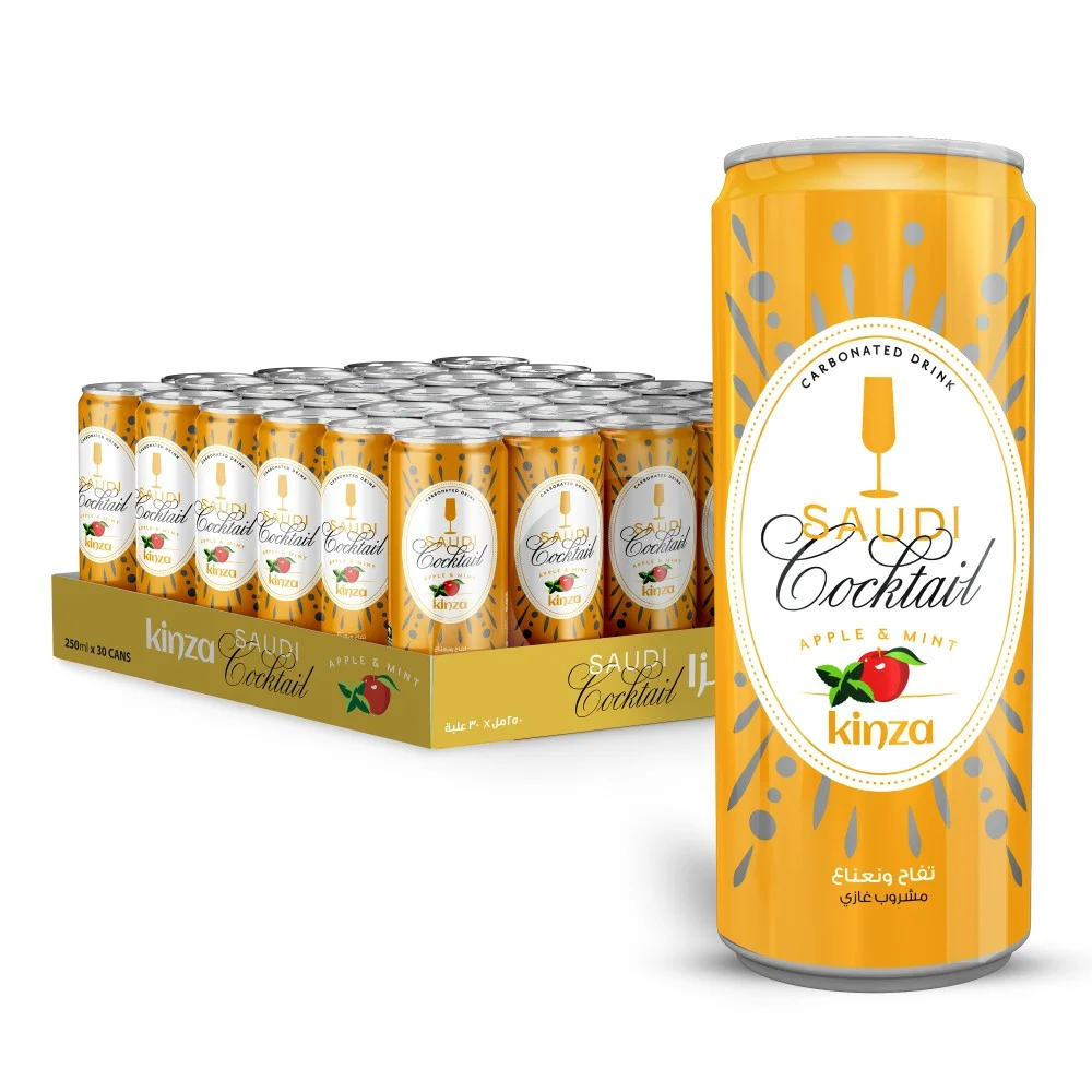 Kinza Saudi Cocktail apple and mint can in front of a full tray of cans