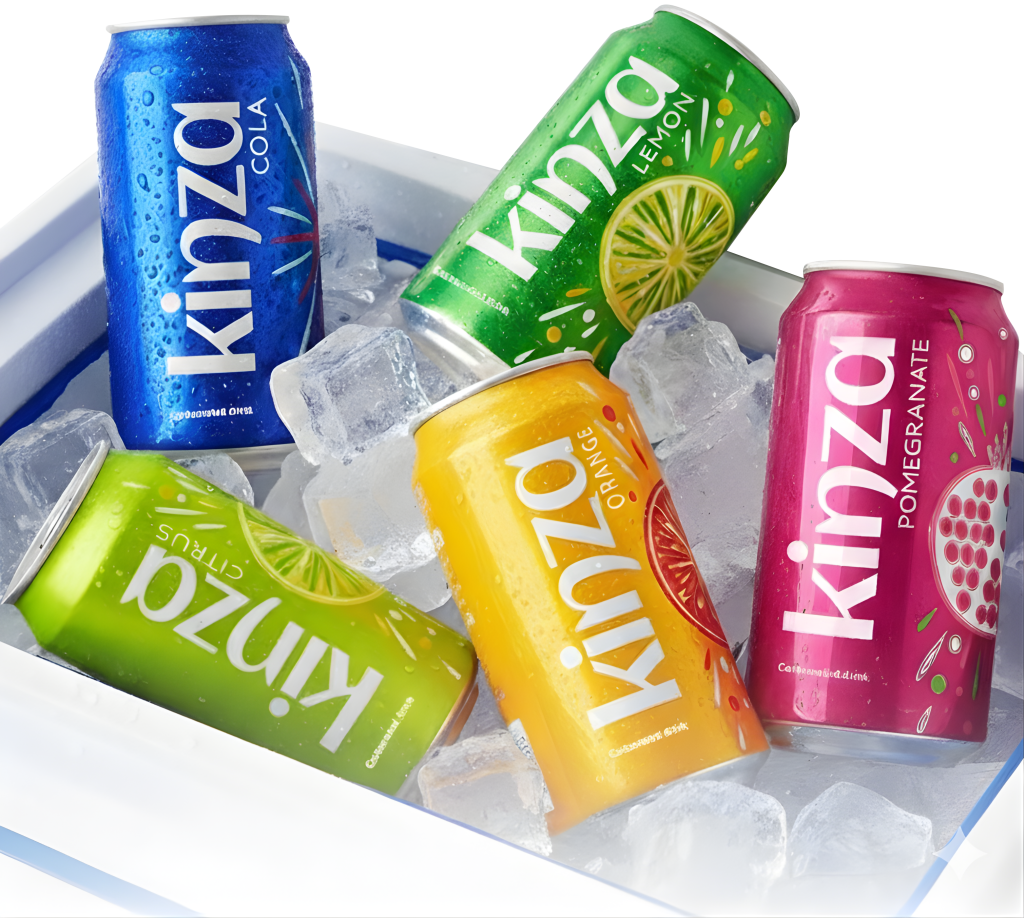 Kinza Cola, Lemon, Citrus, Orange and Pomegranate cans in a tub of ice