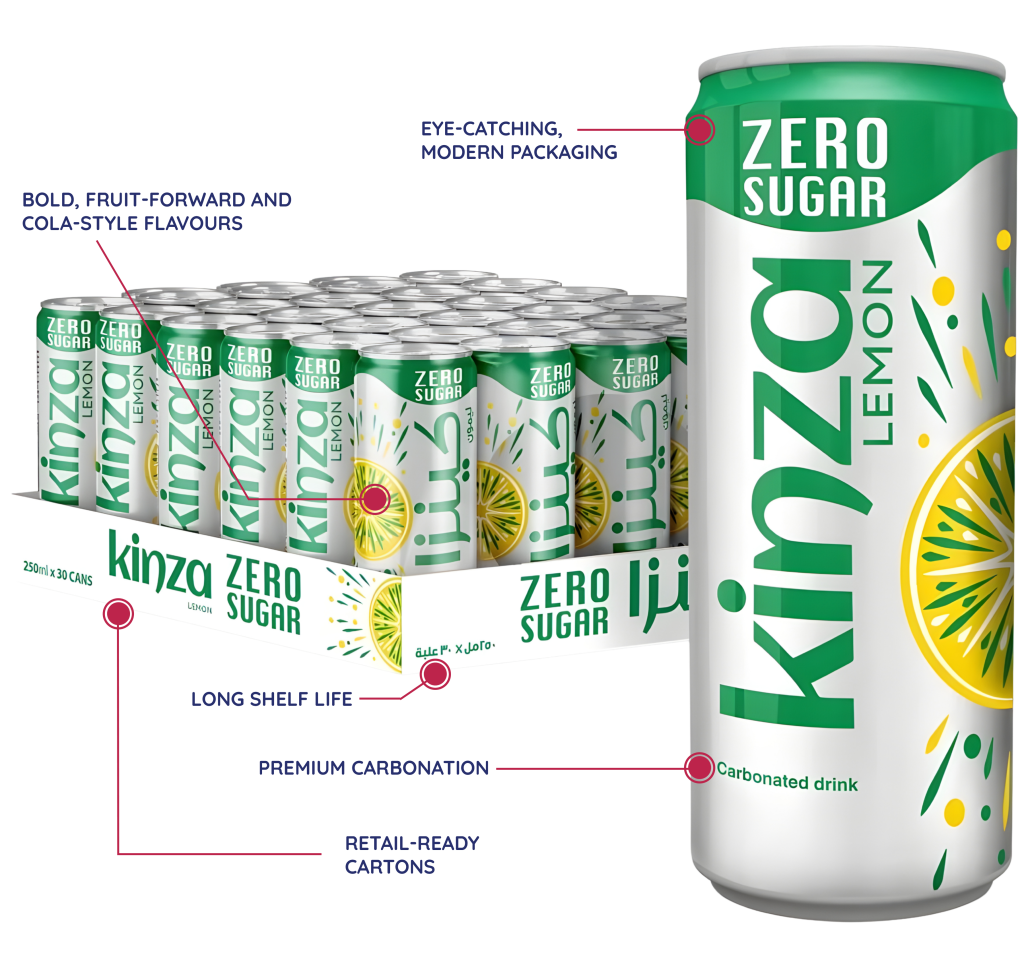 Kinza Lemon Zero Sugar can and tray labelled eye-catching packaging, bold flavours, long shelf life, premium carbonation and retail-ready cartons